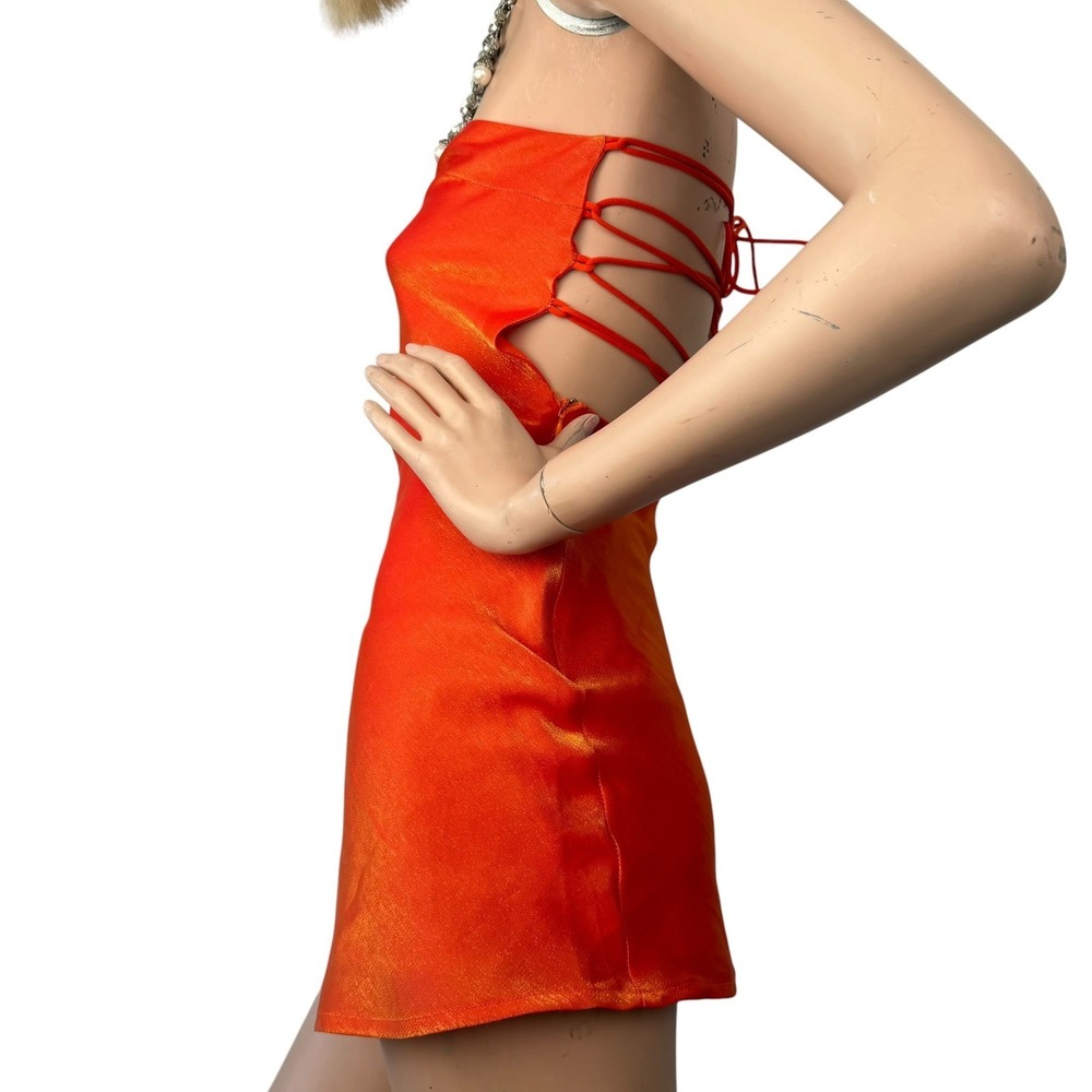 White Fox Strapless Mini Dress Orange Metallic Tie Up Back Vintage Y2K Baddie XS - Picture 4 of 13